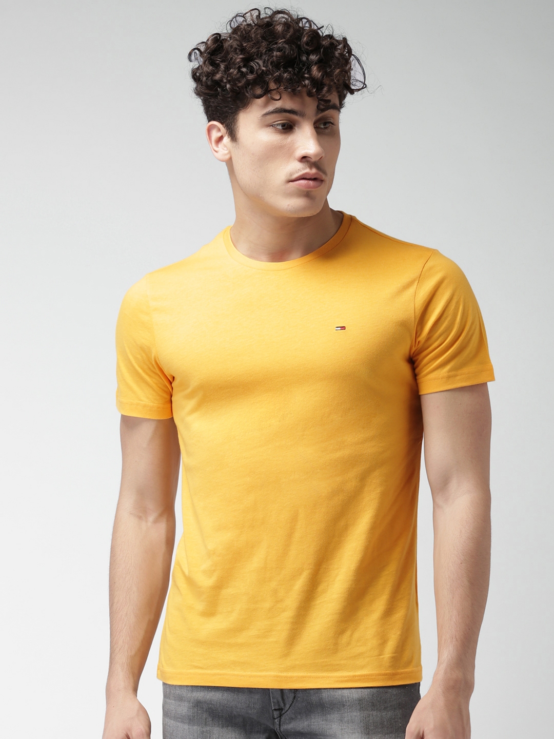 Buy Tommy Hilfiger Men Yellow Solid Round Neck Pure Cotton T Shirt ...