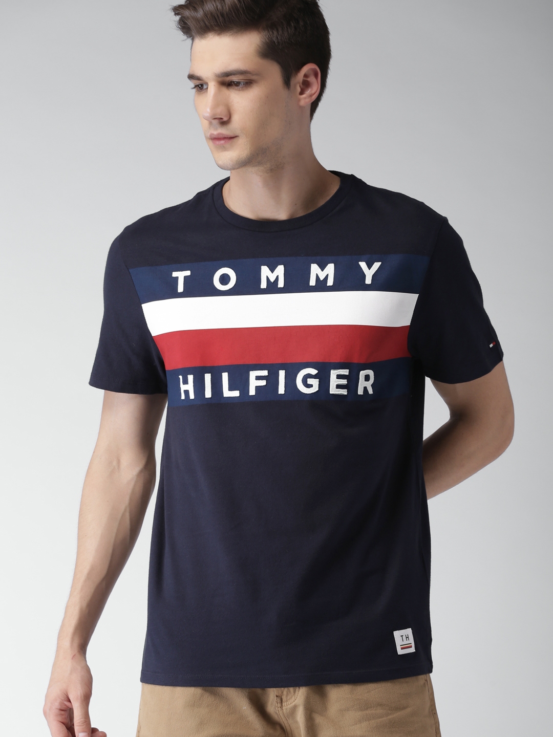 Buy Tommy Hilfiger Men Navy Blue Striped Round Neck T Shirt - Tshirts ...