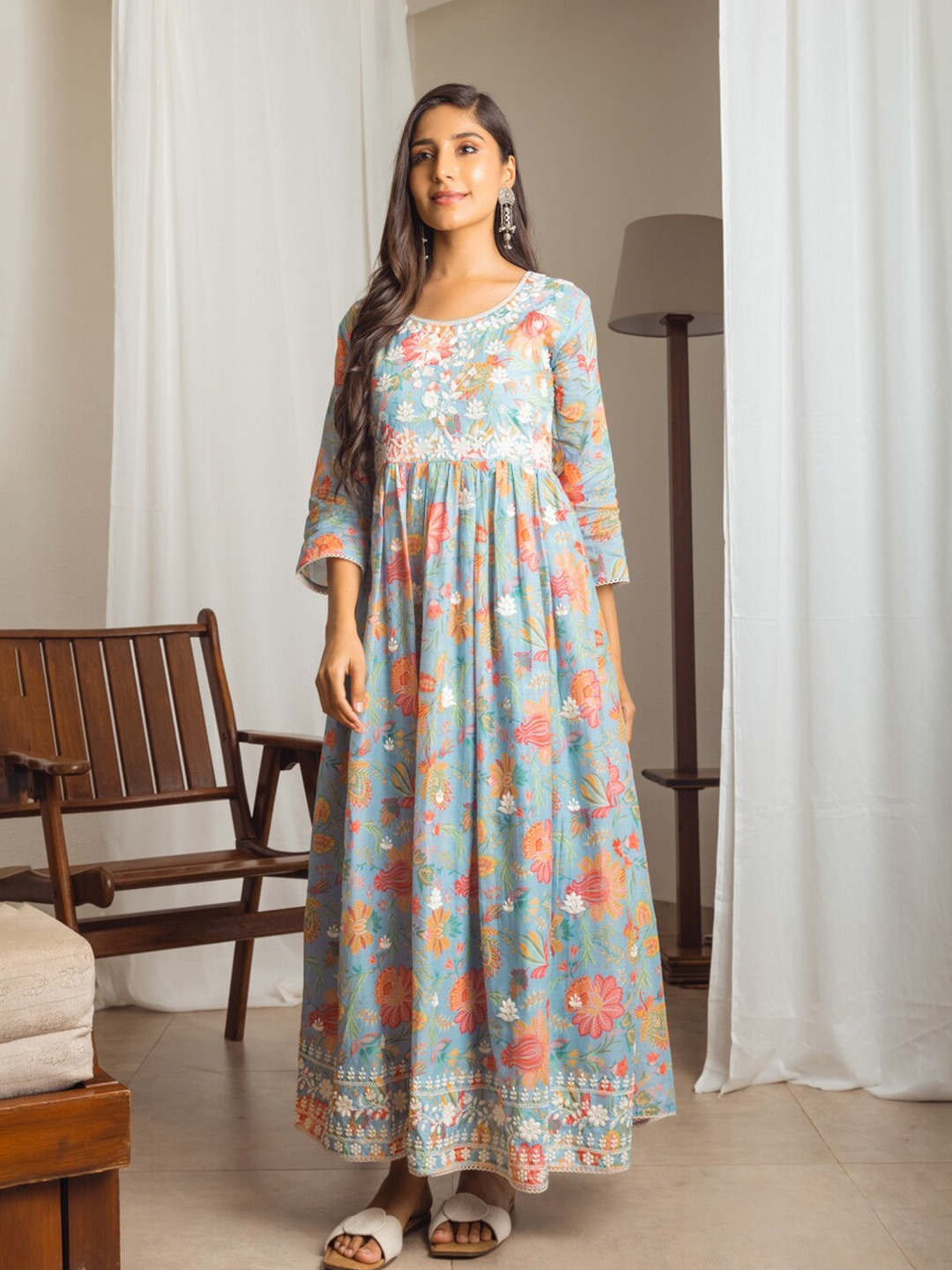 Buy Ishin Floral Printed Embroidered Cotton Maxi Dress - Dresses for ...
