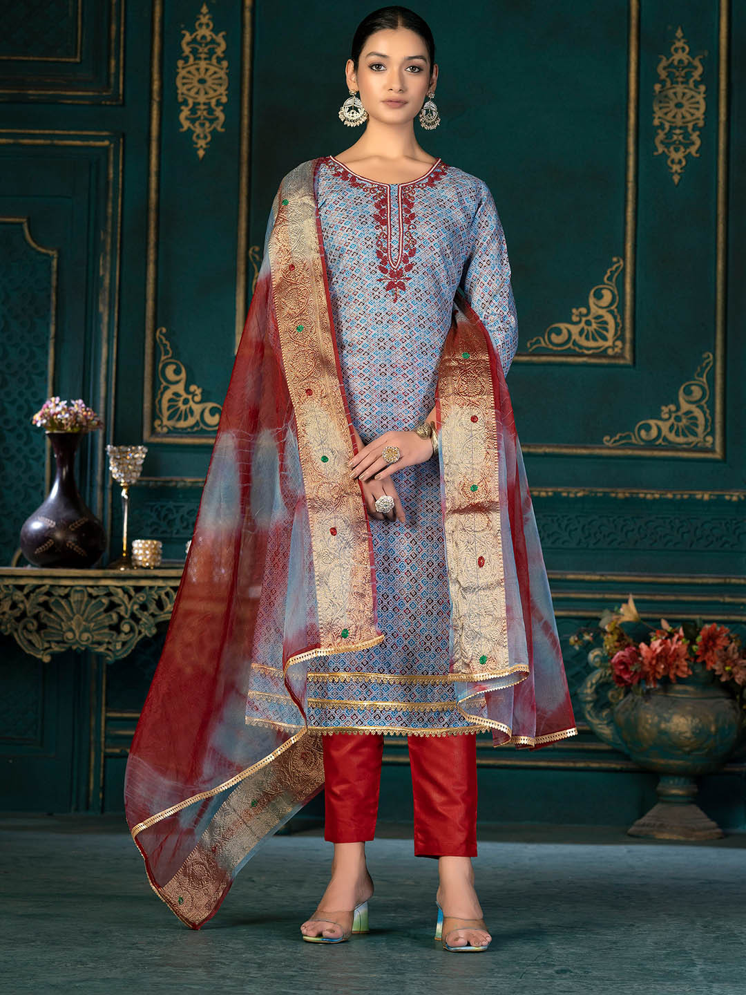 Buy SHADOW & SAINING Ethnic Motifs Printed Pure Cotton Unstitched Dress ...