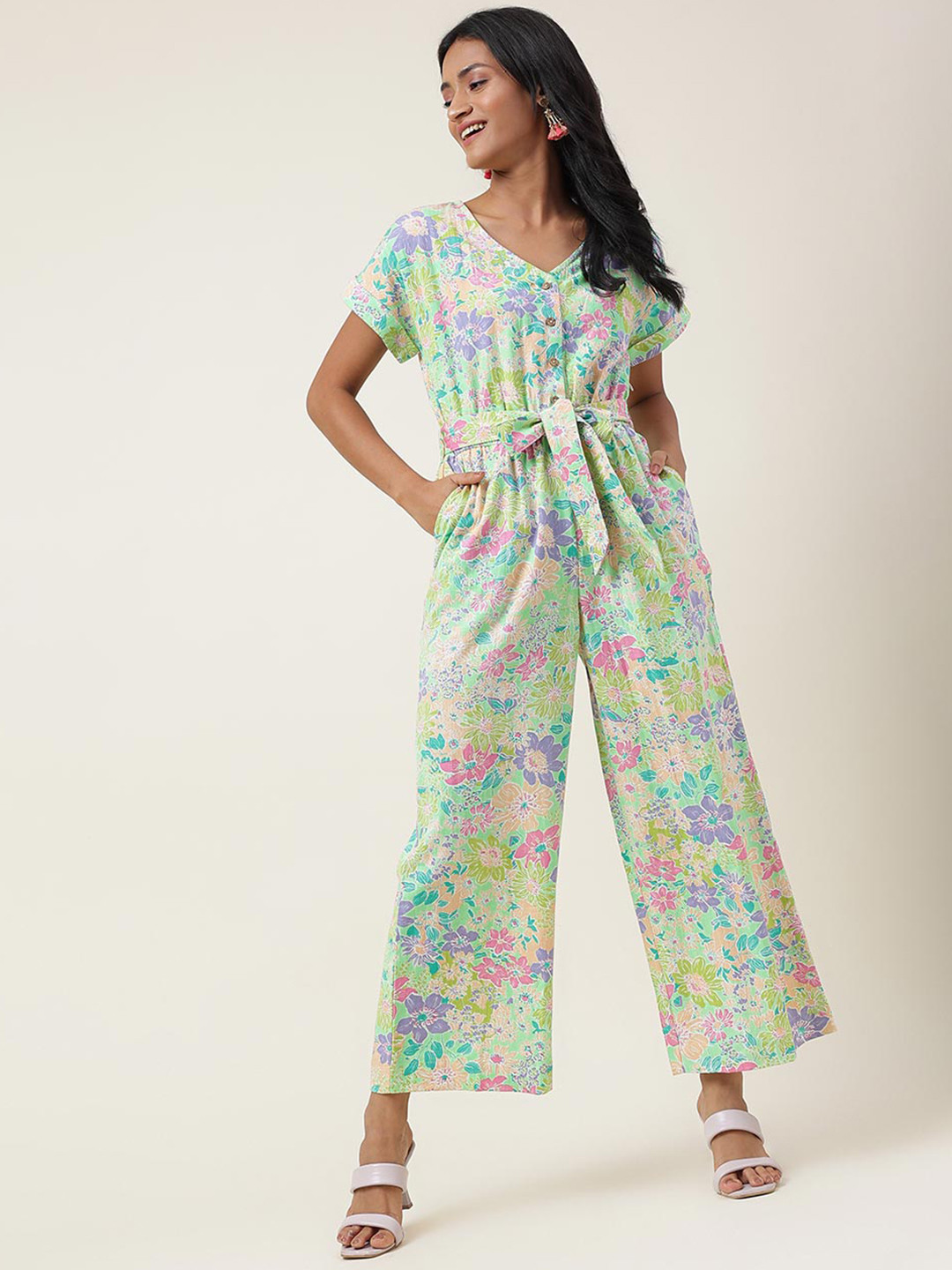 Women's Green Printed Basic Jumpsuit