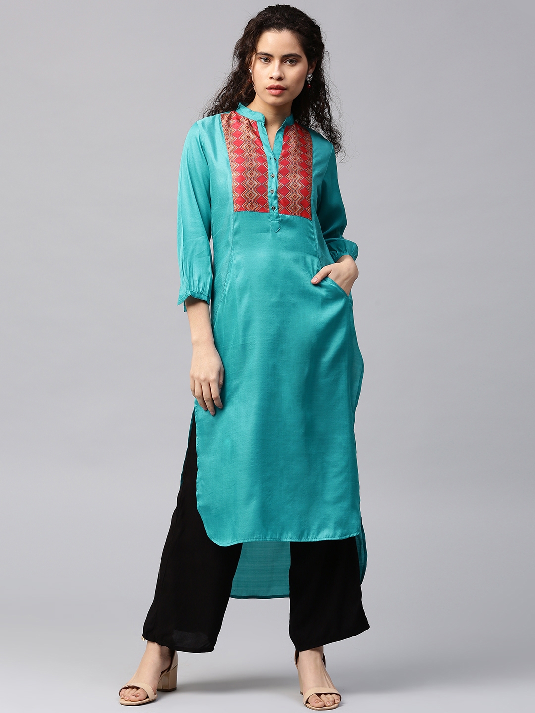 Buy Jaipur Kurti Women Blue Yoke Design High Low Straight Kurta ...
