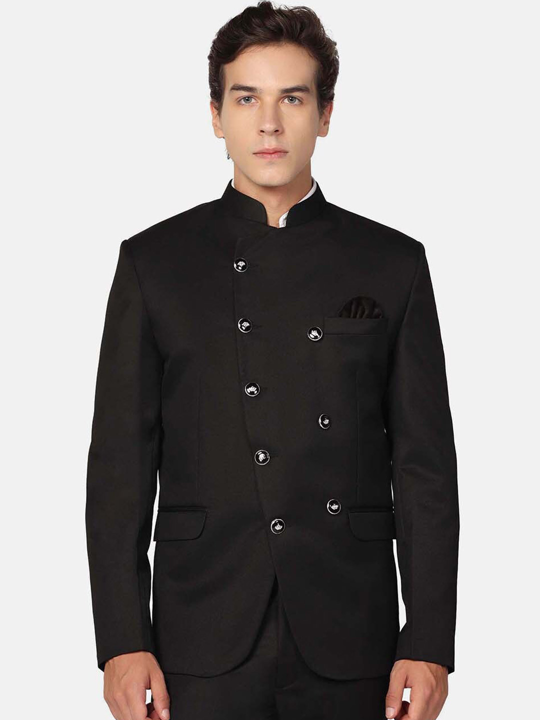 Men's Navy Blue Printed Bandhgala Slim-Fit Blazer