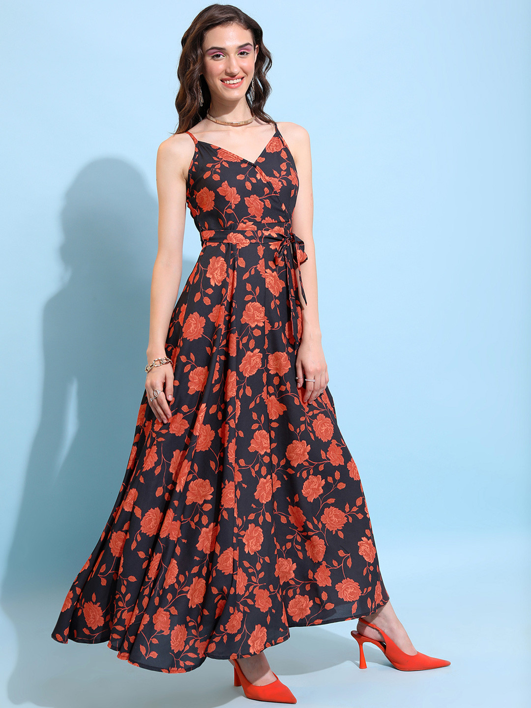 Black Orange Floral Maxi Skirt With Sash Waist Tie - Petite