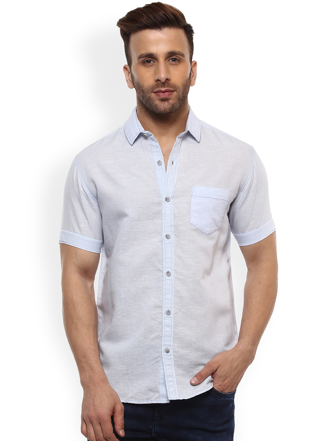 Buy Mufti Men Blue Solid Linen Slim Fit Shirt - Shirts for Men 2390701 ...