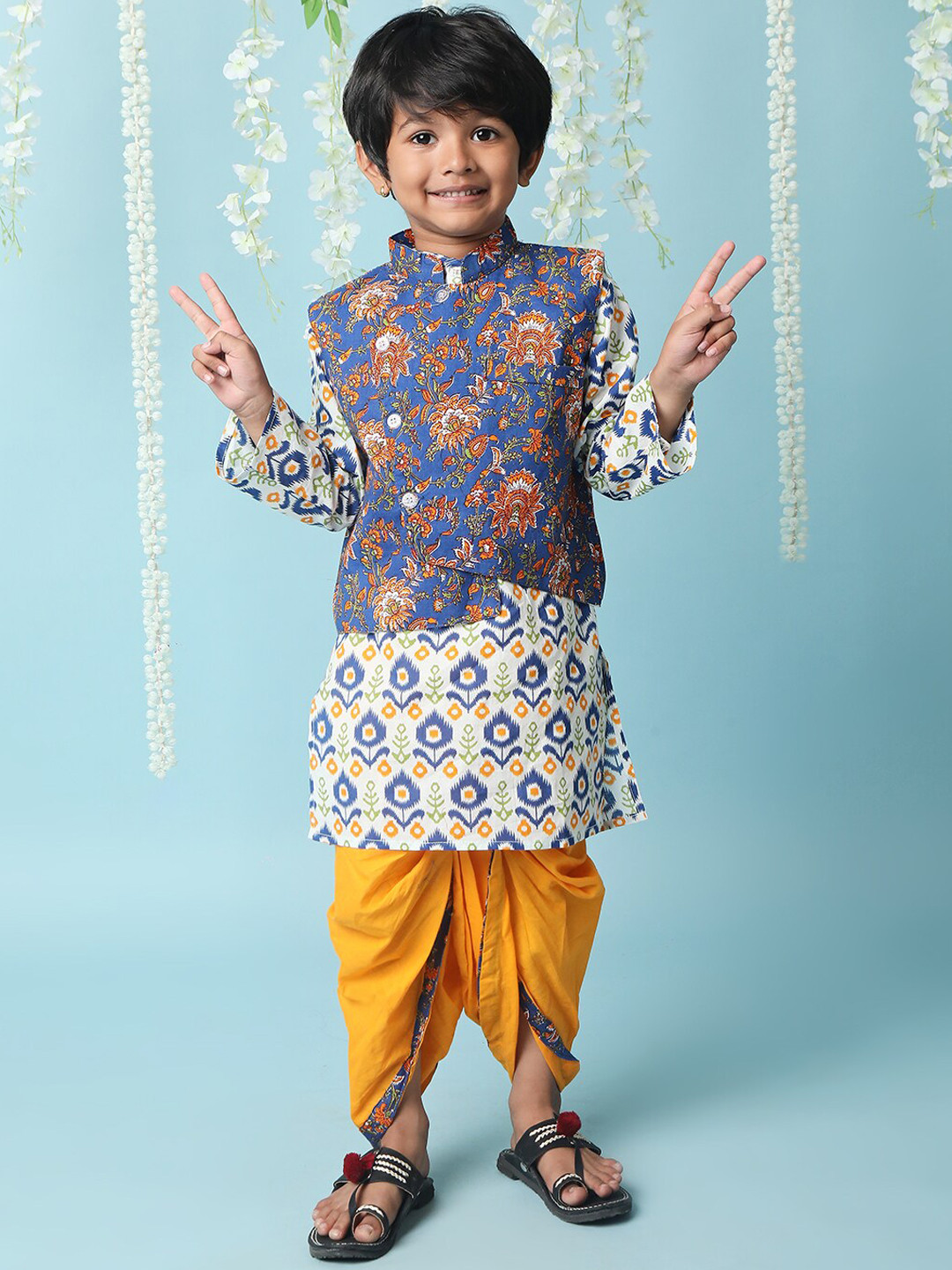 Boys Blue Printed Kurta with Dhoti Pants – Traditional Indian Ethnic Wear for Weddings & Festivals