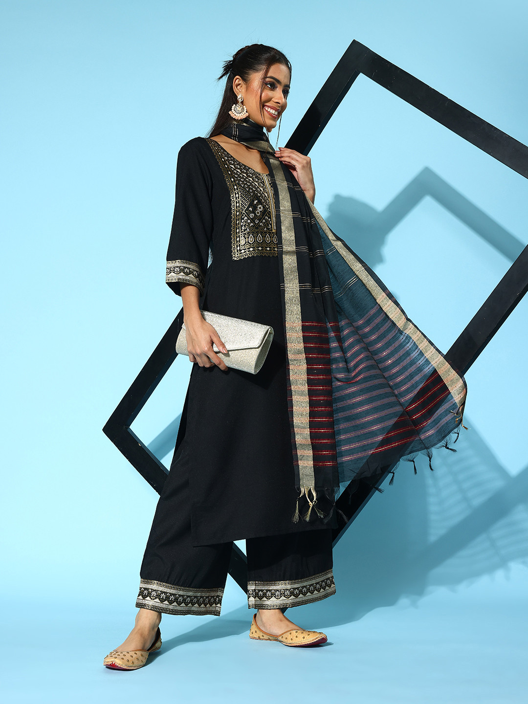 Indo Era Red Embroidered Straight Kurta Palazzos With Dupatta set main image 1