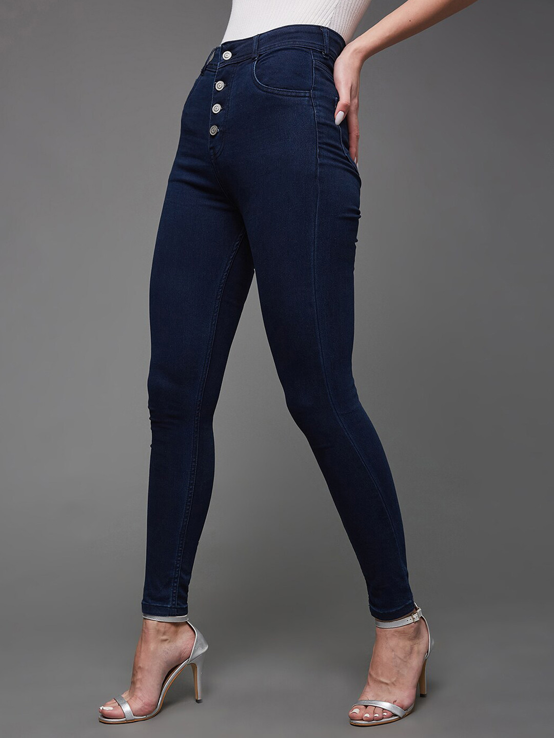 Women's Navy Blue Clean Look Wide Leg High-Rise Stretchable Jeans