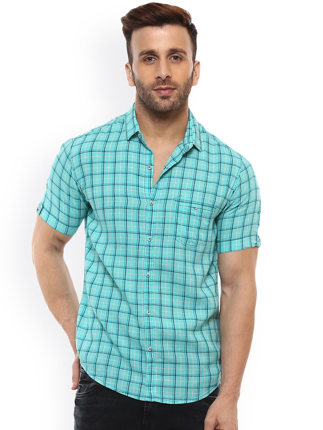 Buy Mufti Men Green Slim Fit Checked Casual Shirt - Shirts for Men ...
