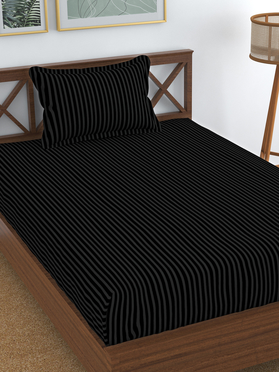 Buy Homefab India Black & White Striped Cotton 180 TC 2 Single Bedsheet