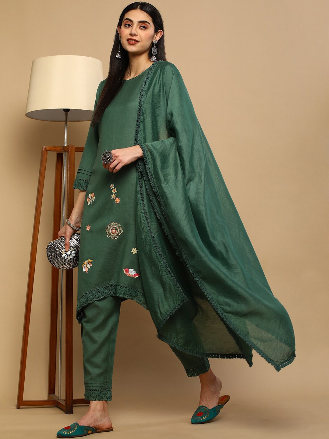 Women Black Embroidered A-Line Kurta Trousers With Dupatta Set