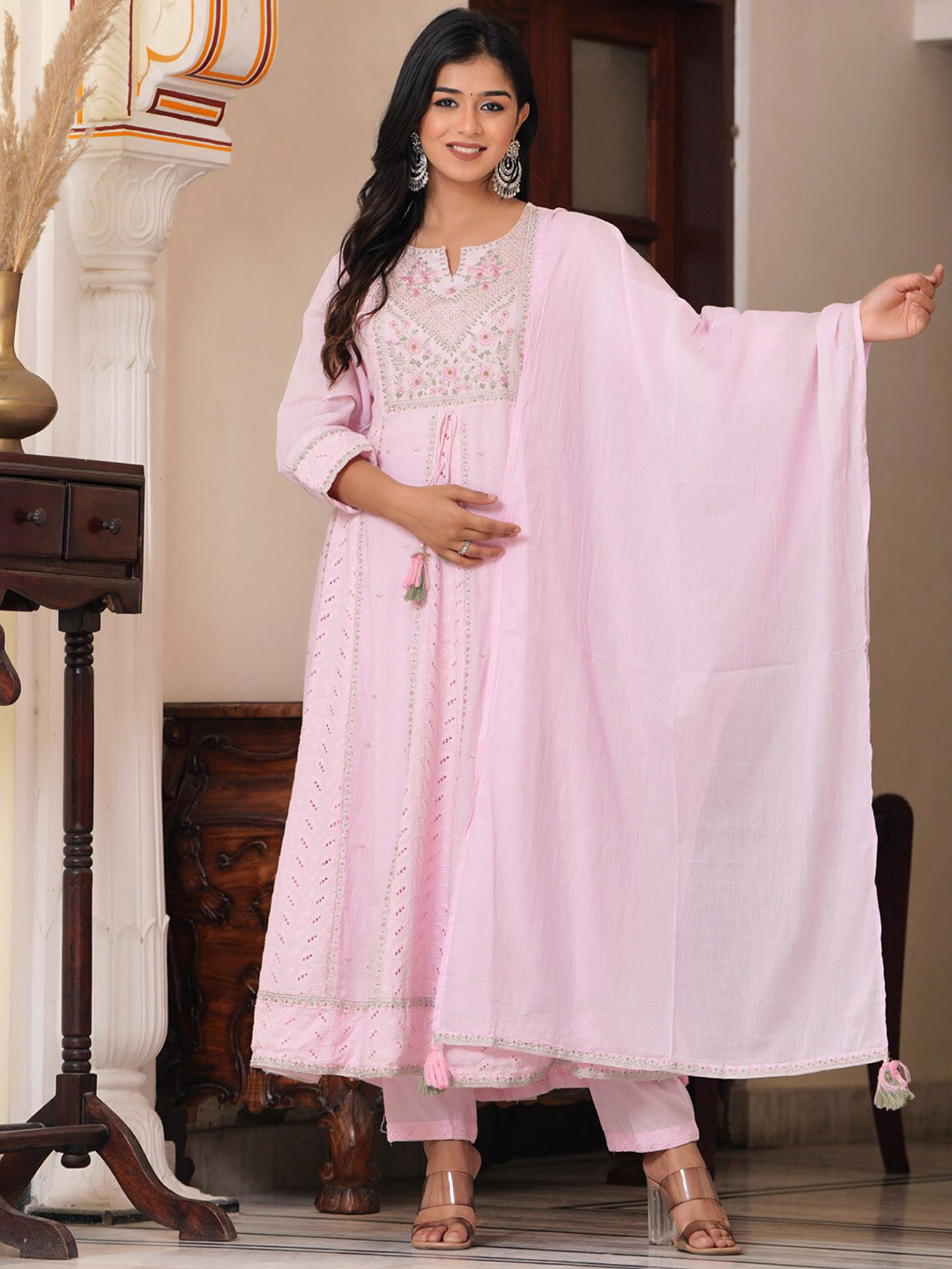Floral printed multicolor round_neck Pure Cotton Kurta Set With Trouser & Dupatta main image 1