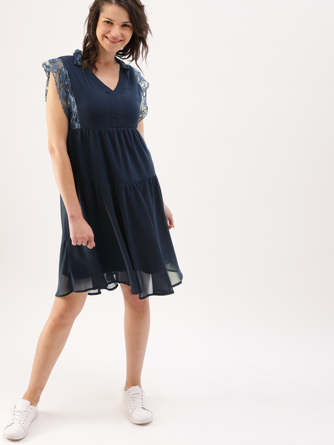 A-Line dress of navy blue, Light blue, brown white and cream prints