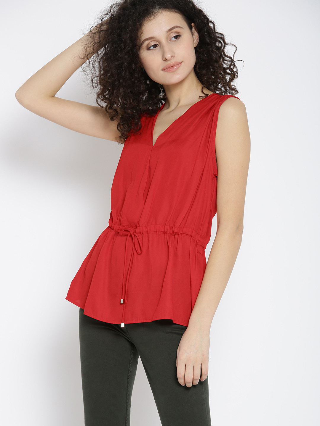 Buy MANGO Women Red Solid Cinched Waist Top Tops for Women 2393225