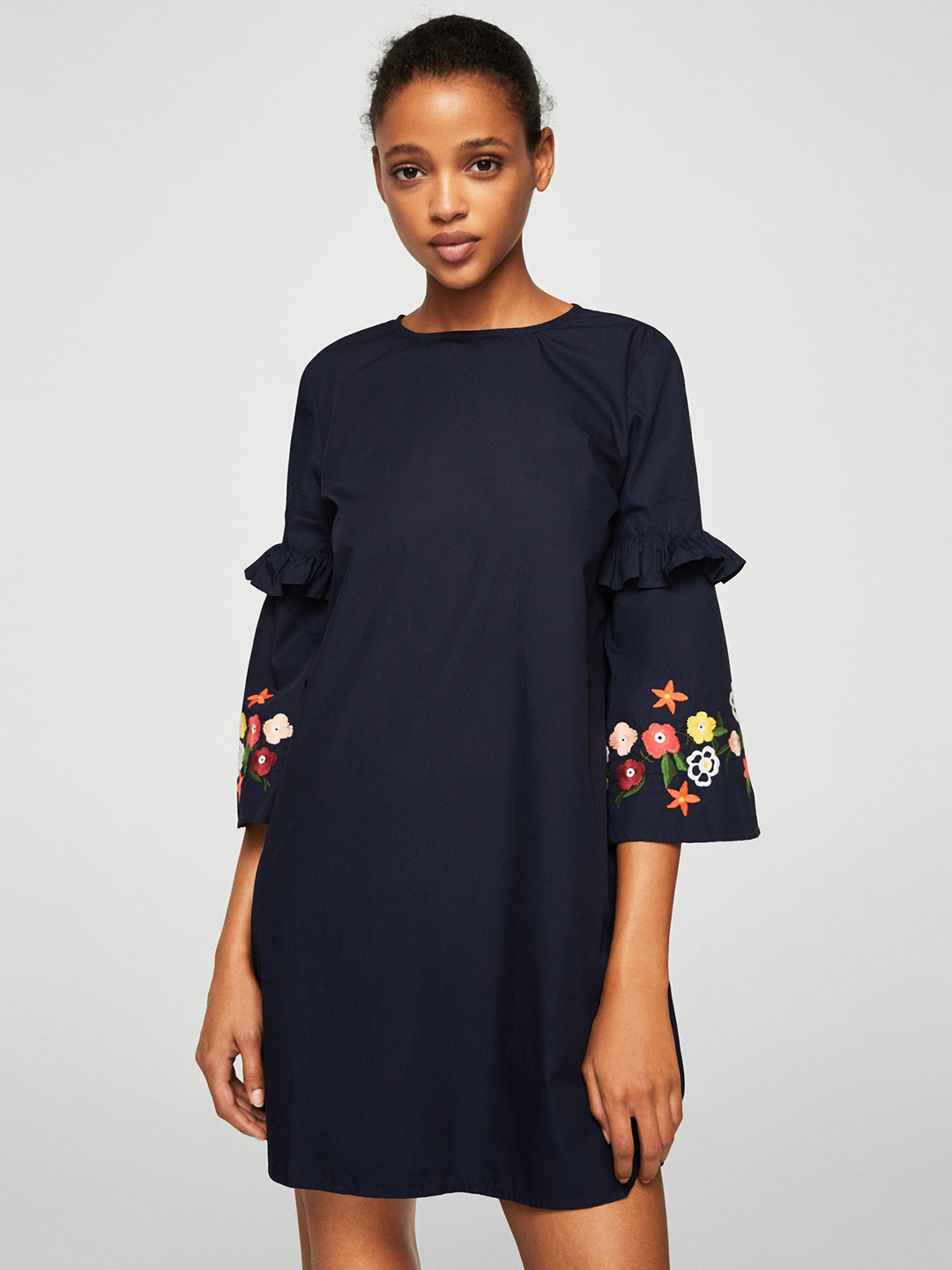 Buy MANGO Women Navy Blue Solid A Line Dress With Bell Sleeves