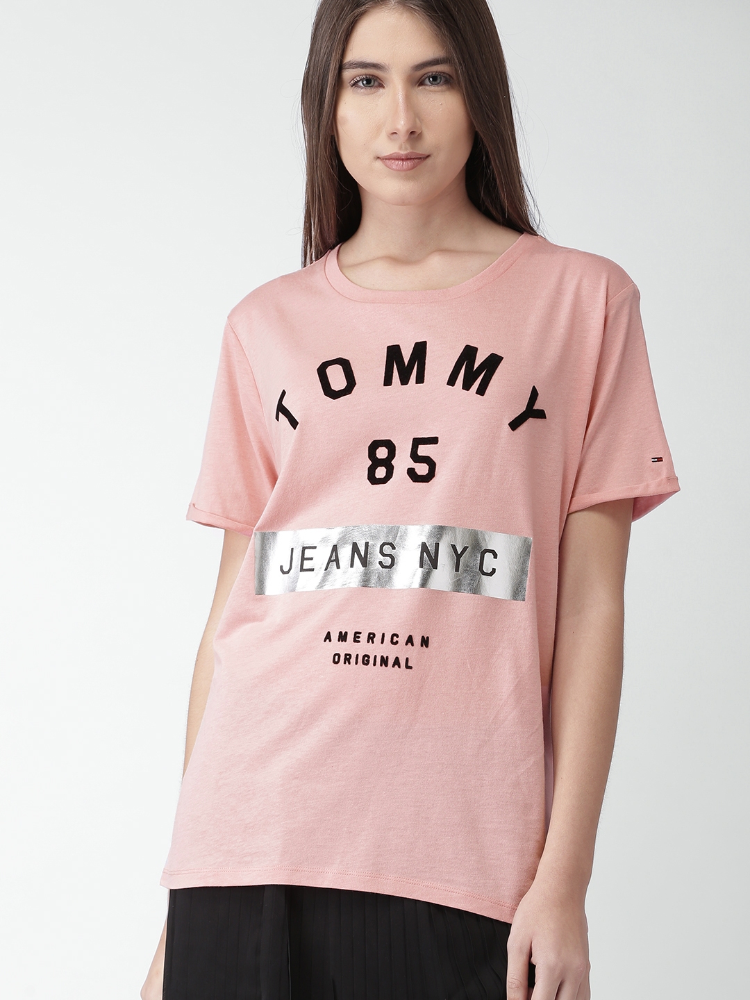 Buy Tommy Hilfiger Women Peach Coloured Printed Round Neck T Shirt ...