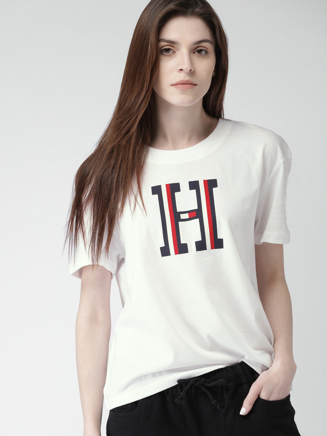 Buy Tommy Hilfiger Women White Printed Round Neck T Shirt Tshirts for