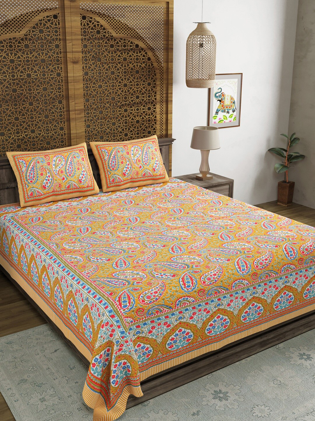 Buy Sangria Yellow Printed Pure Cotton King Bedsheet With 2 Pillow Covers Bedsheets for Unisex