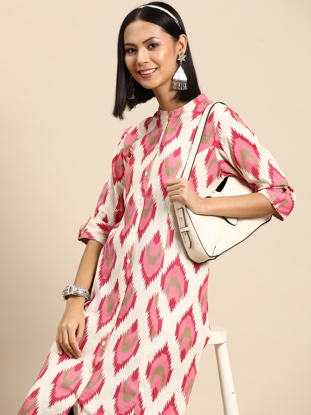 Buy Sangria Abstract Printed Mandarin Collar Roll Up Sleeves Pure