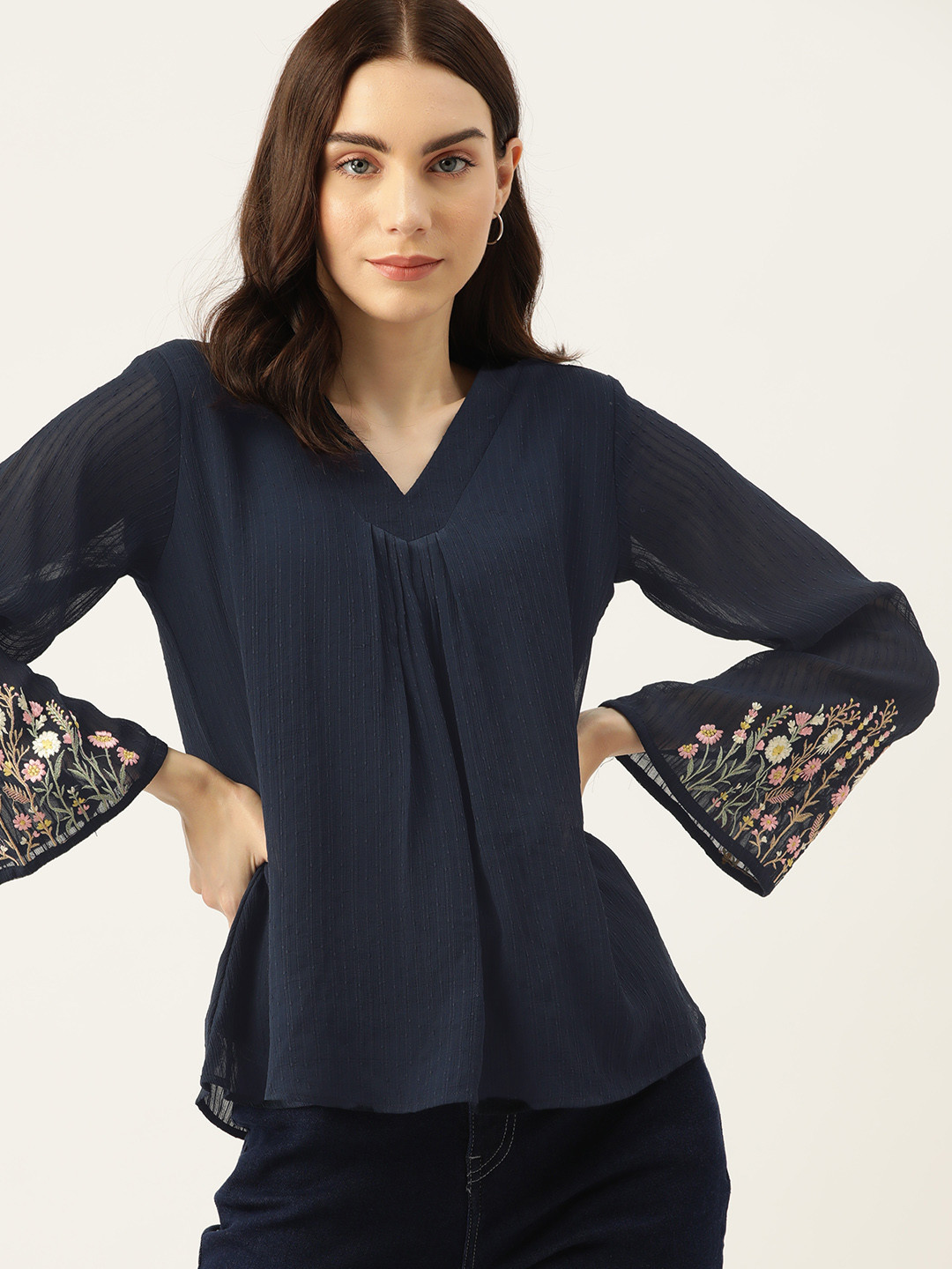 Buy DressBerry Self Design Flared Sleeve Georgette Top - Tops for Women ...