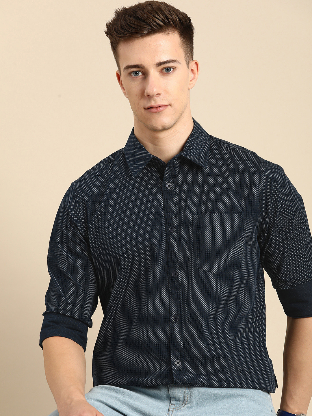 Blue Slim Straight Fit Regular Collar Long Sleeves Cotton Men's Shirt by Being Human Clothing main image 1