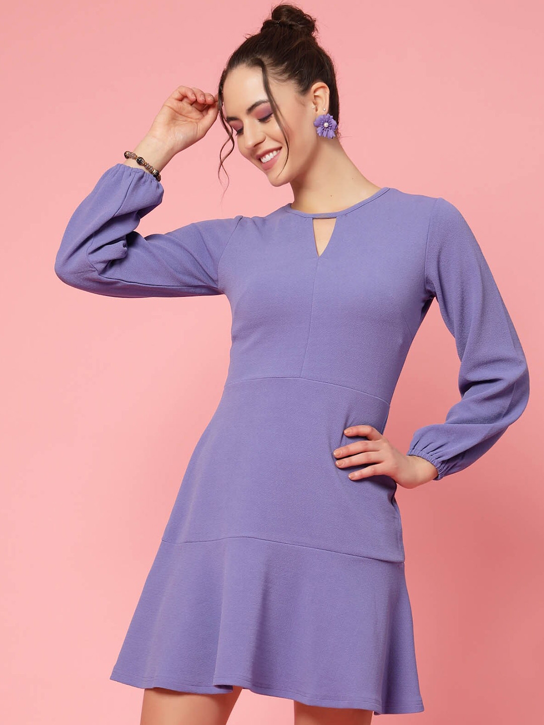 Buy PlusS Purple V Neck Puff Sleeve Fit & Flare Dress - Dresses for ...