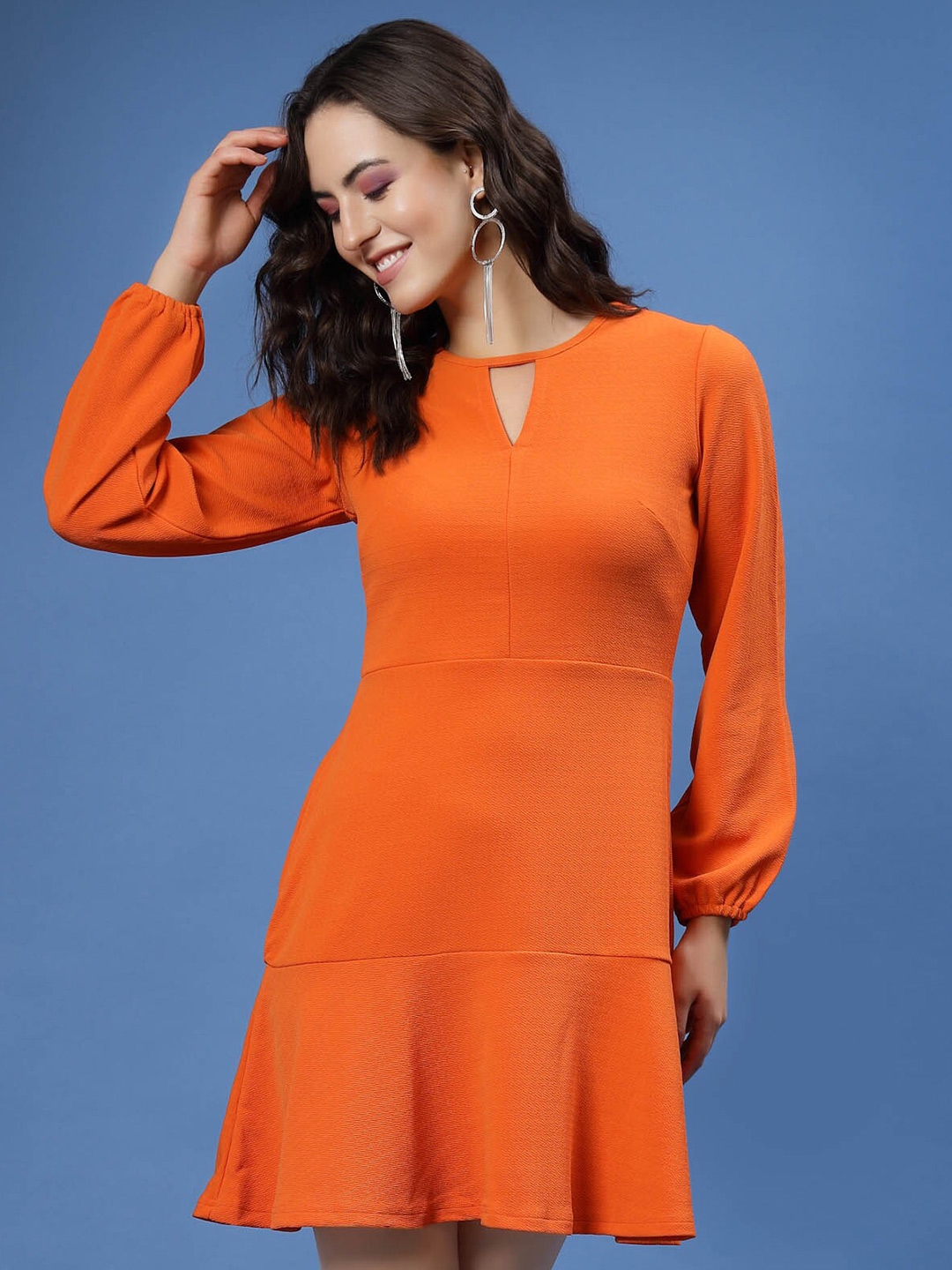 Buy PlusS Orange Puff Sleeve Cut Outs Detail Flounce Hem A Line Mini Dress - Dresses for Women ...