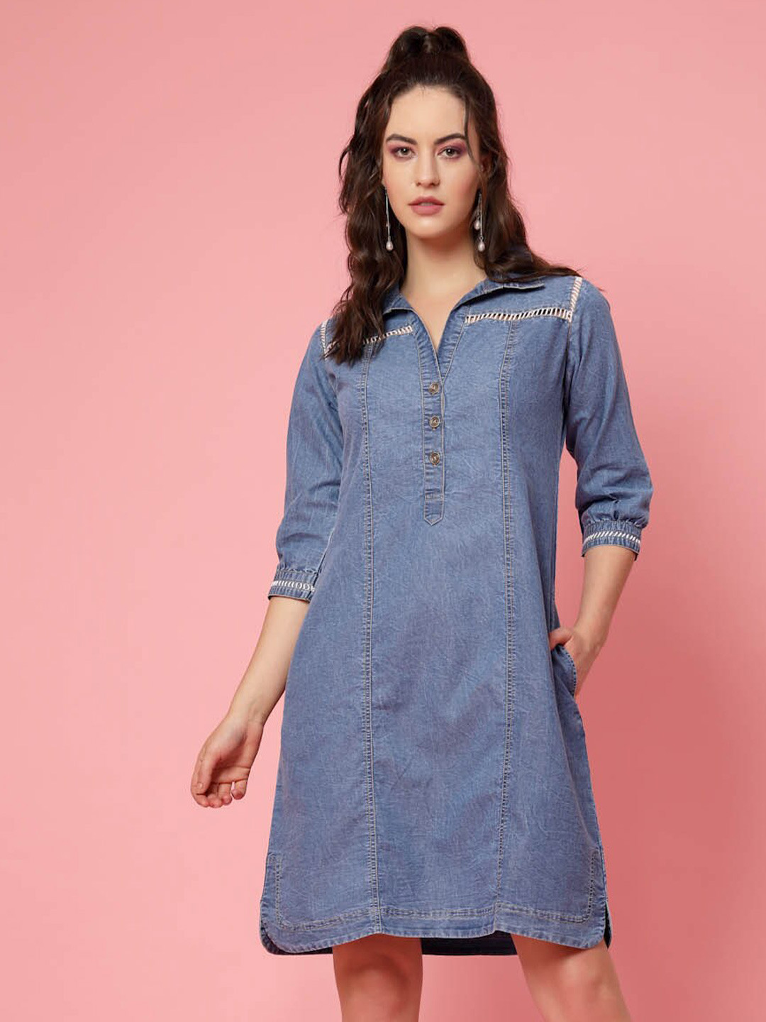 Modern Solid Shirt Collar Denim Blue Dress