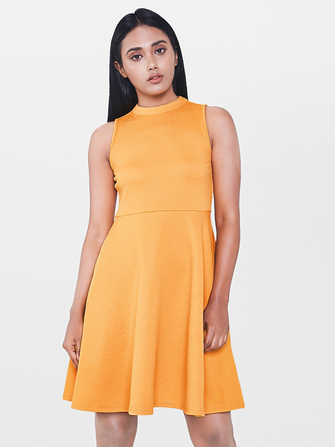 Buy AND Women Mustard Yellow Self Design Fit And Flare Dress Dresses