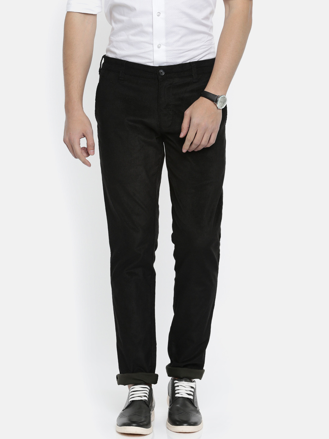 Buy Parx Men Black Tapered Fit Solid Corduroy Regular Trousers ...
