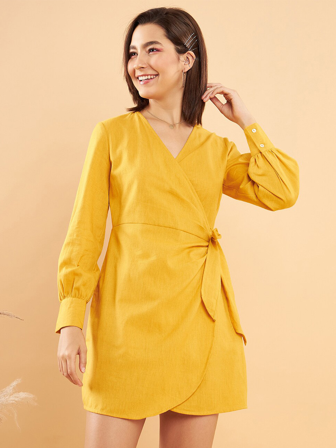 Buy KASSUALLY Mustard Yellow V Neck Cuffed Sleeves Tie Ups Pure Cotton