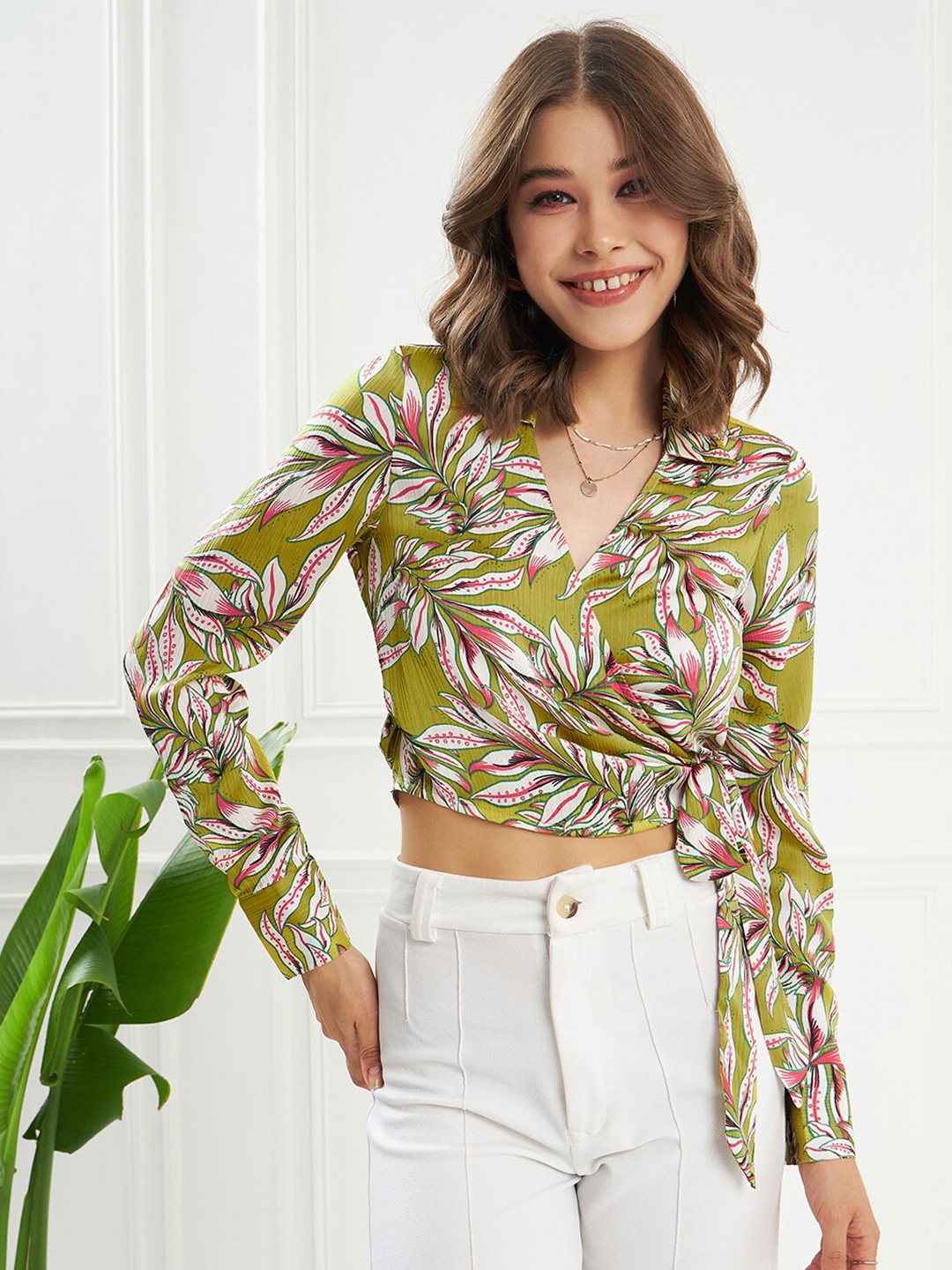 Buy KASSUALLY Green Tropical Printed Satin Wrap Crop Top - Tops for ...