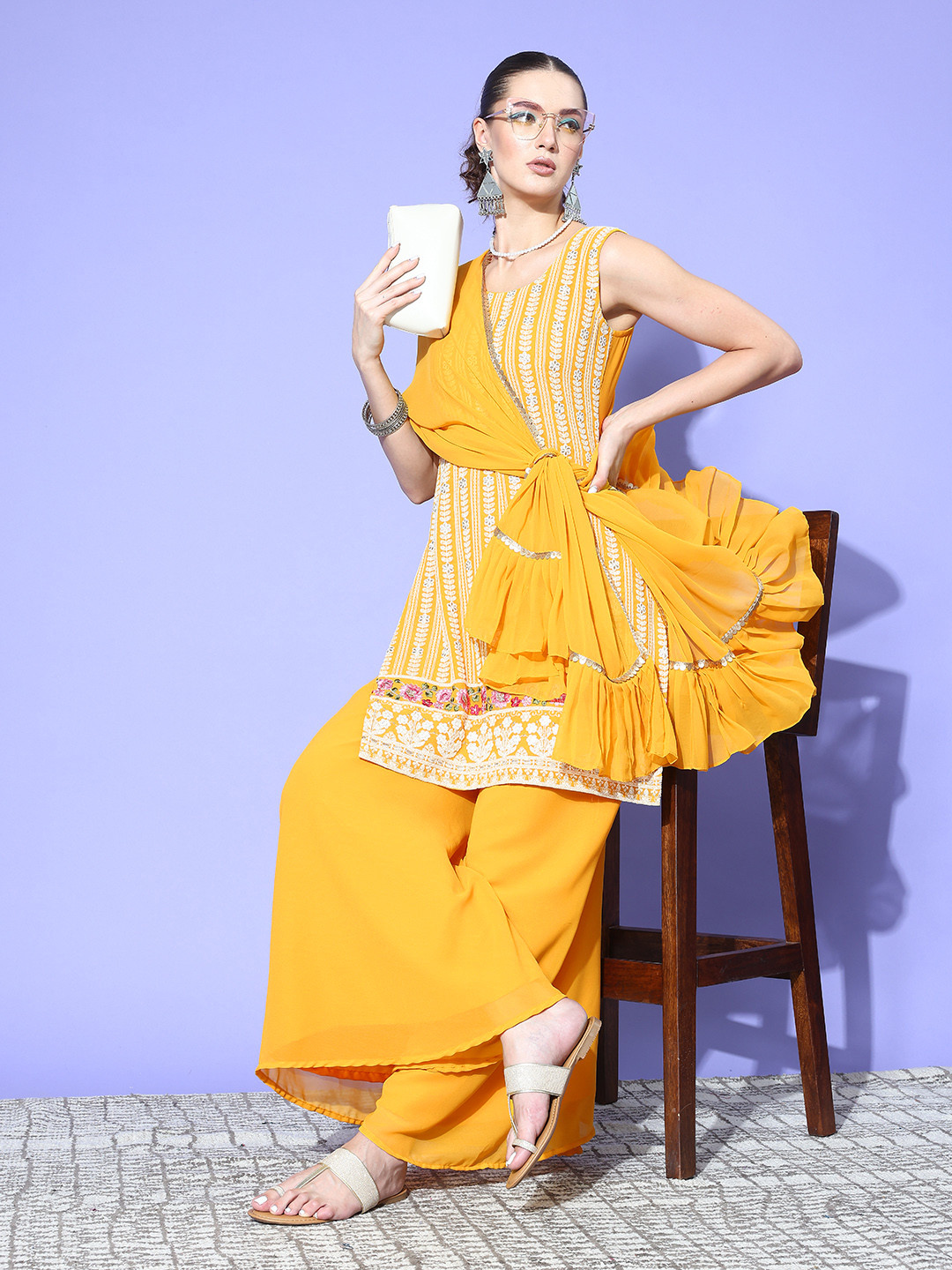 Women Floral Embroidered Regular Sequinned Kurta with Palazzos & Dupatta