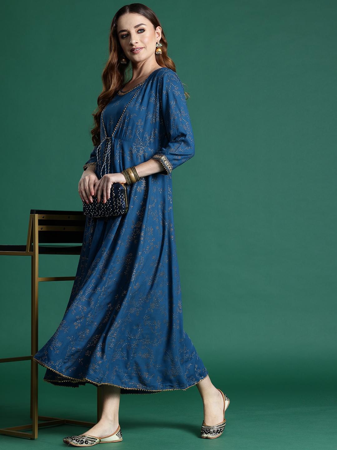 Buy Sangria Floral Print Maxi Dress With Longline Ethnic Jacket - Ethnic Dresses for Women ...