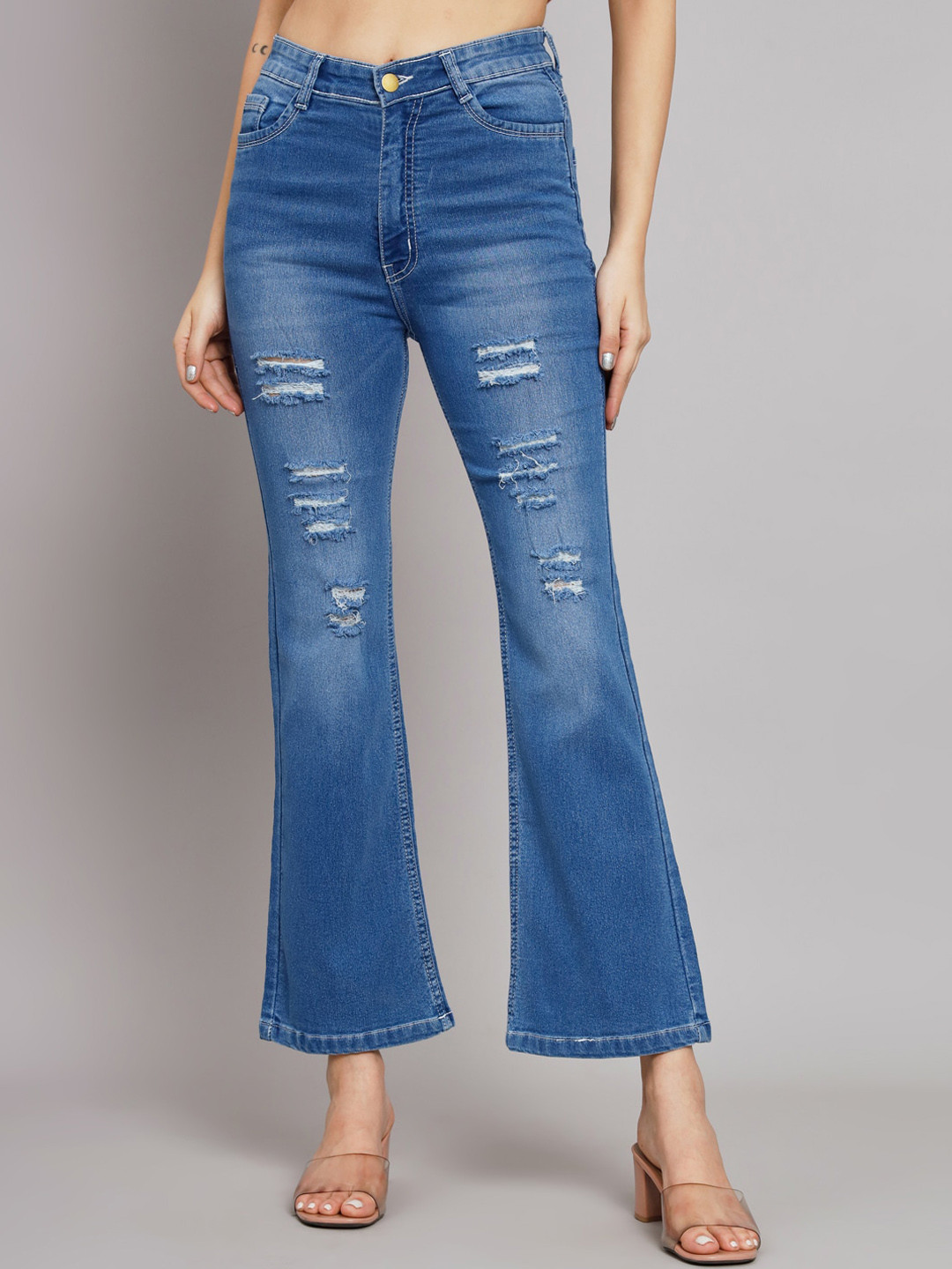 Buy BAESD Women Bootcut High Rise Mildly Distressed Light Fade Stretchable Jeans Jeans for