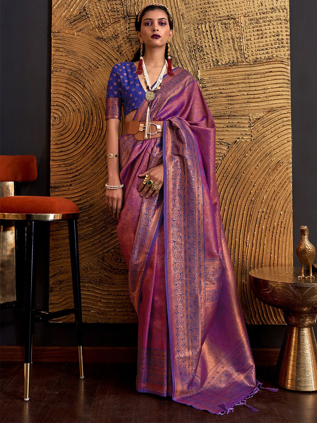 Mitera Navy Blue & Pink Floral Zari Silk Blend Banarasi Saree main image 0