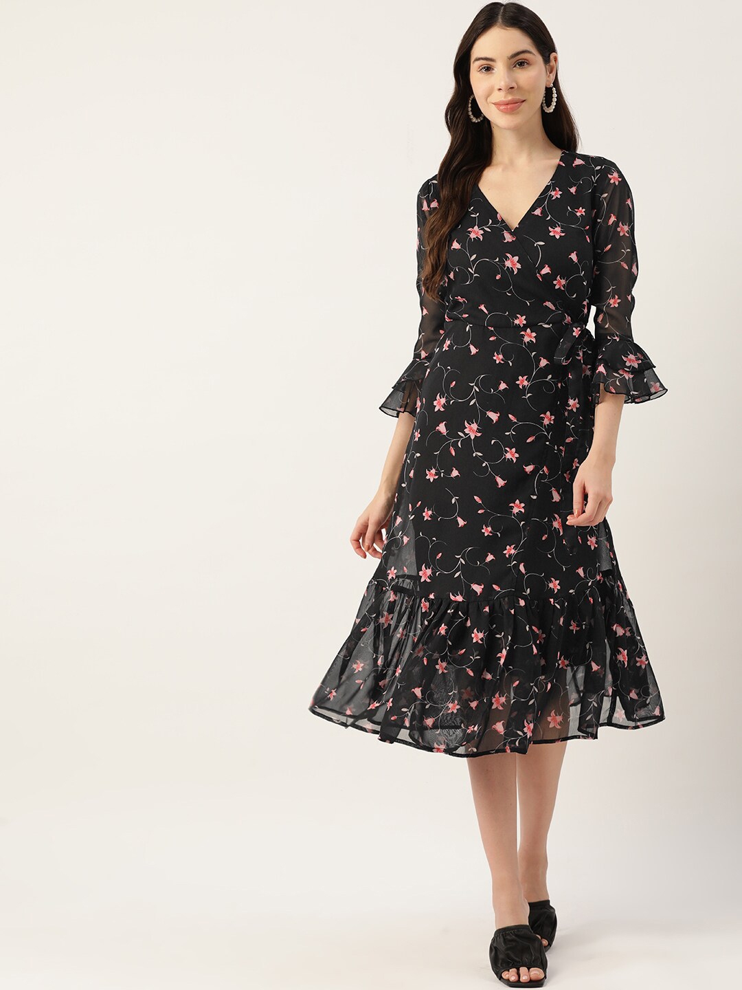 Buy DressBerry Black & Red Floral Printed Bell Sleeve Wrap Midi Dress ...