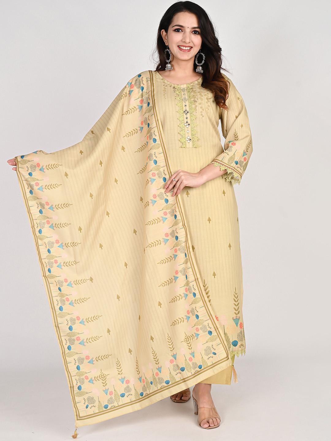 Girls Embroidered Tie-Up Neck Mirror Work A-Line Kurta With Dhoti Pants