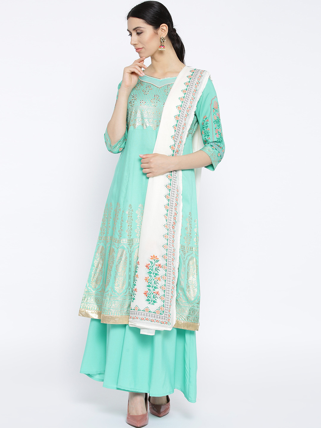 Women Sea Green Floral Straight Kurta With Pencil Pants & Dupatta