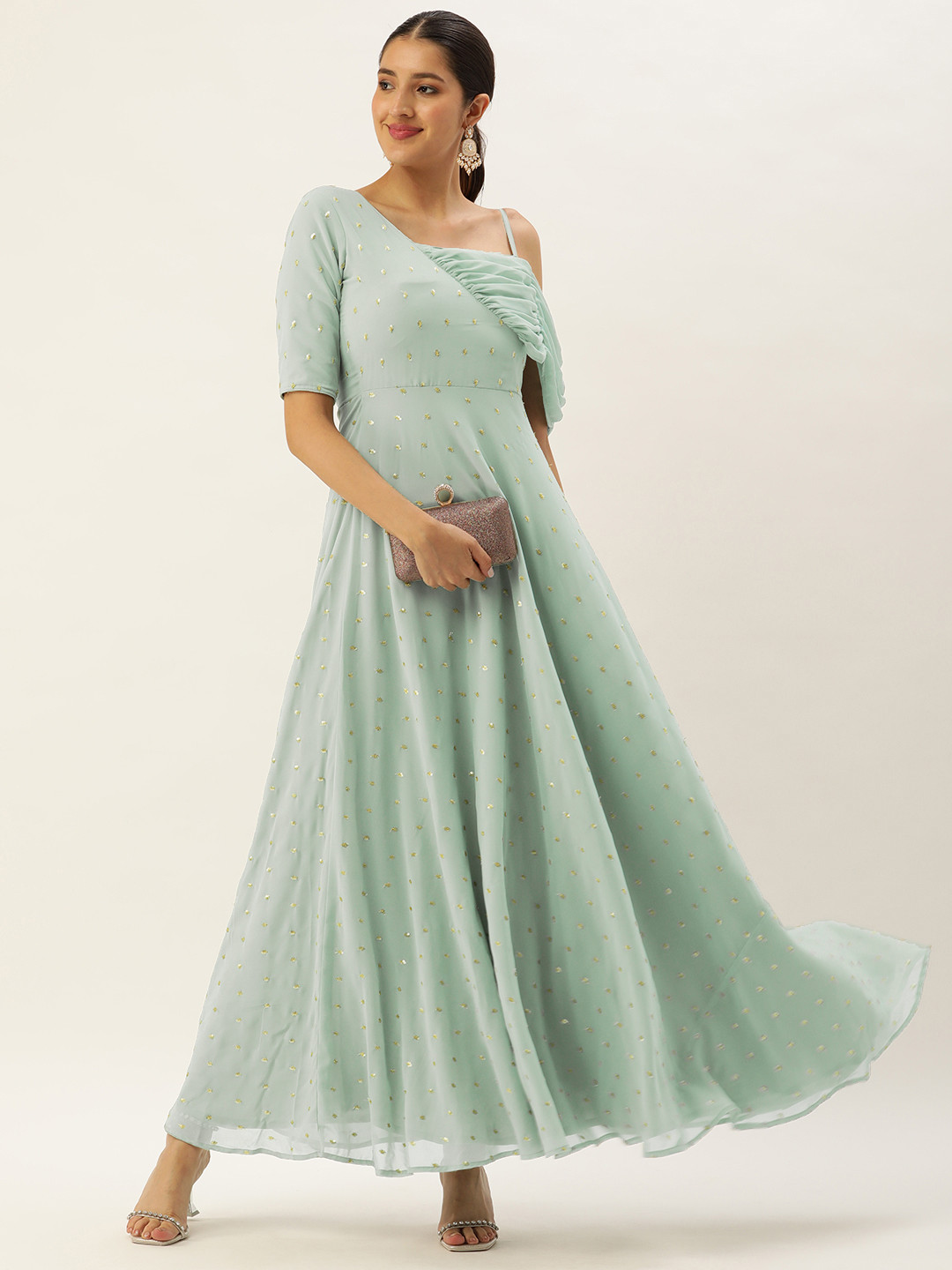 Green Ethnic Motif Printed Georgette Maxi Dress With Sequins Gota Patti