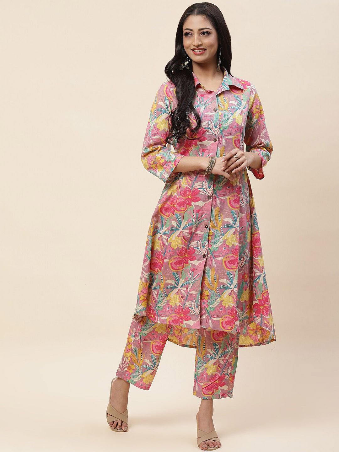 Buy Meena Bazaar Floral Printed Shirt Collar High & Low Kurta With
