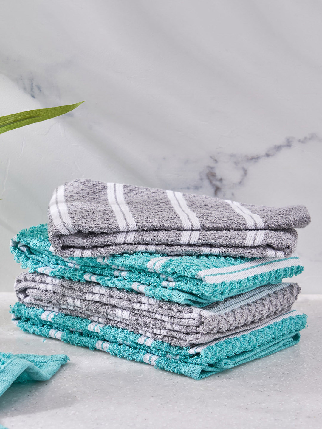 Buy Home Centre Pacific Fervid 5 Pcs Teal Blue & Grey Striped Cotton