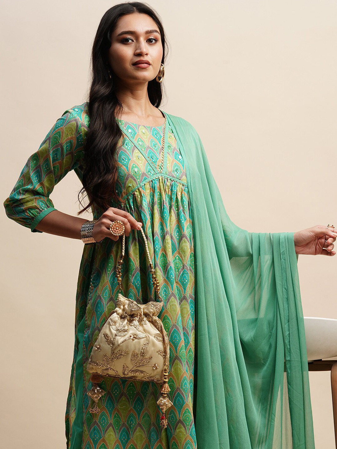Indo Era Sea Green Solid A-Line Kurta Sharara With Dupatta Sets