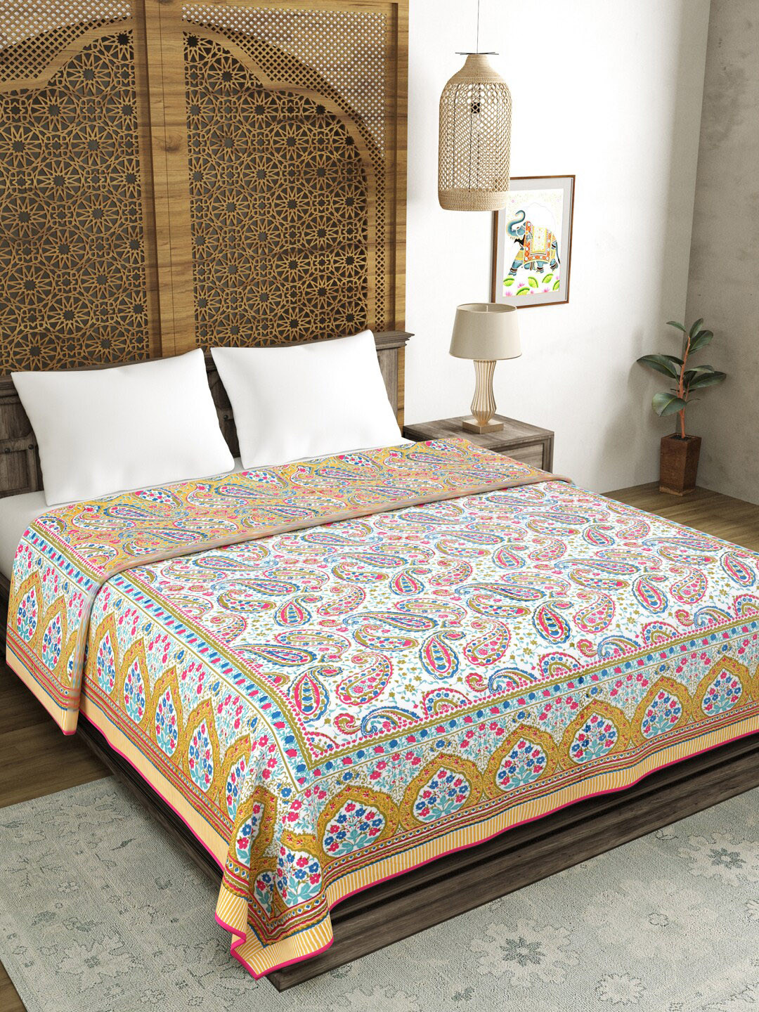 Buy Sangria Yellow & Blue Ethnic Motifs Printed Pure Cotton Dohar