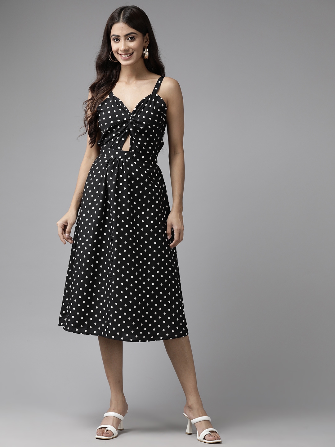 Buy Aarika Black Polka Dot Print Georgette A Line Midi Dress - Dresses ...