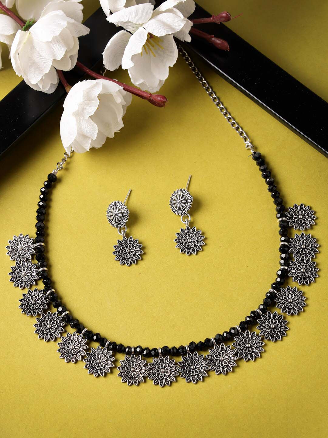 Pink - Saanjh Bela Floral Oxidised Necklace Set
