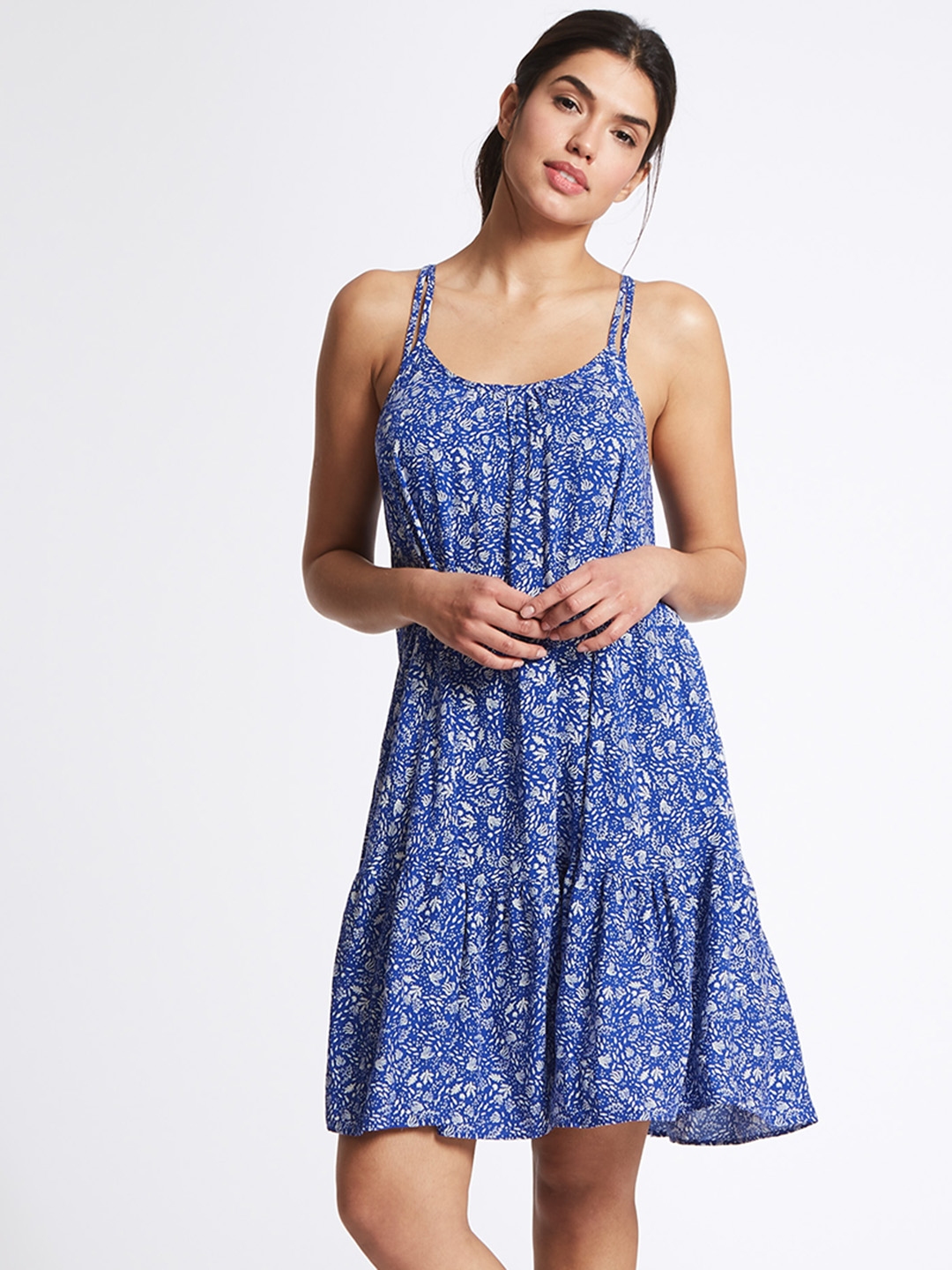 Buy Marks & Spencer Women Blue & White Printed A Line Dress - Dresses ...