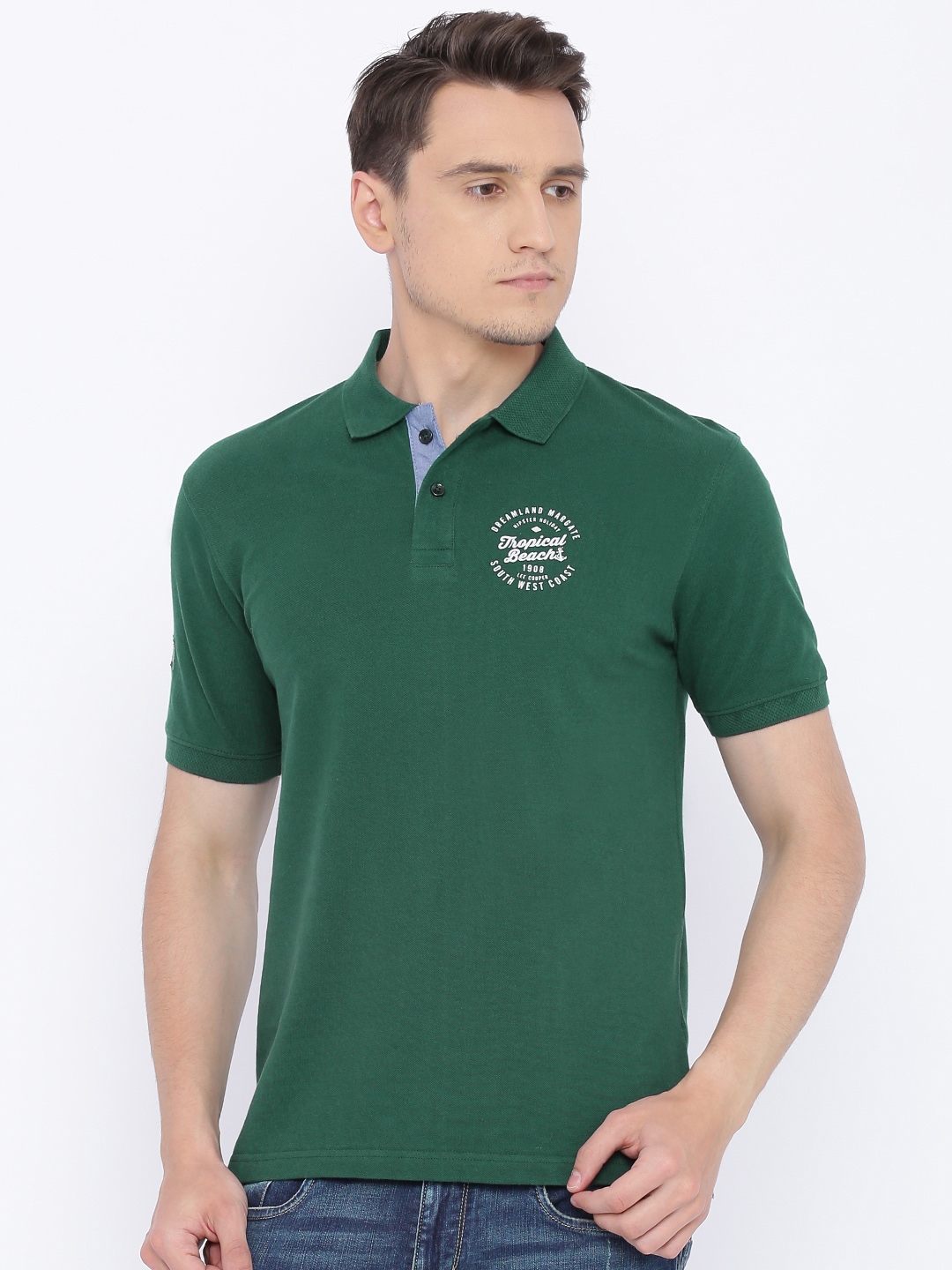 Buy Lee Cooper Men Green Solid Polo Collar Pure Cotton T Shirt ...