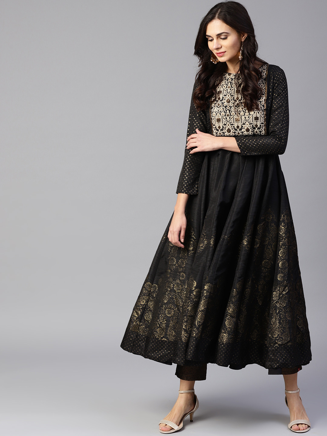 Buy W Women Black & Golden Printed Anarkali Kurta Kurtas for Women