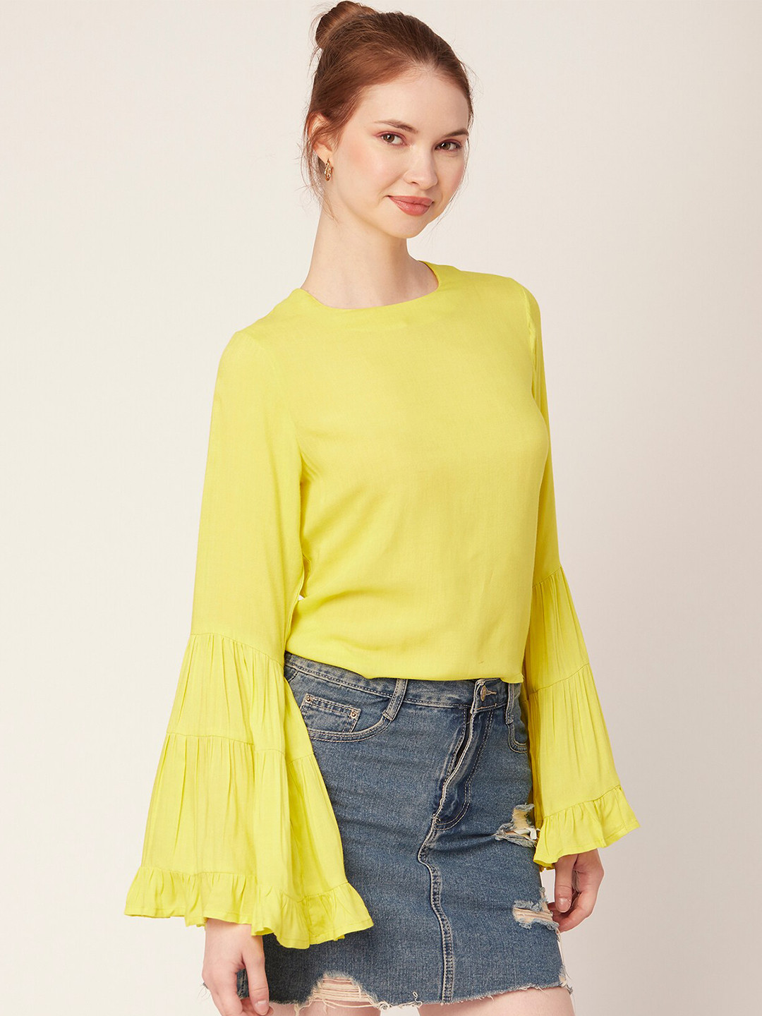 Women's Yellow Round Neck Bell Sleeves Kurti